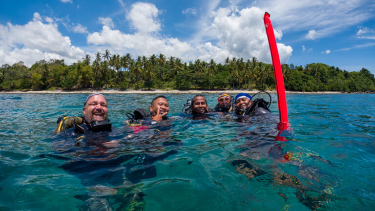 Five scuba divers smiling together in clear blue water near a tropical shoreline with palm trees and a sunny sky.