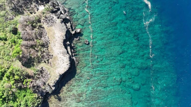 Aerial view of rocky coastline with dense green vegetation and a small boat floating in clear turquoise water offshore