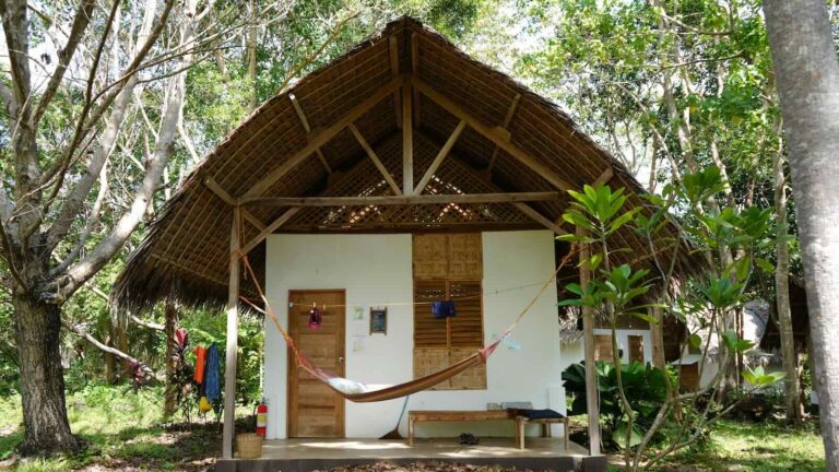 Thatched-roof hut with a hammock on the porch, surrounded by dense tropical plants and trees in a forest setting.